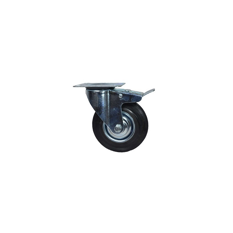 RUEDA CHAPA Y GOMA RODILLOS 125MM GIRATORIA C/BASE Y FRENO 4013