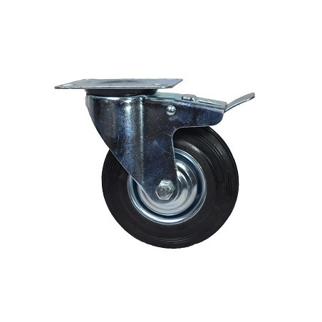 RUEDA CHAPA Y GOMA RODILLOS 125MM GIRATORIA C/BASE Y FRENO 4013